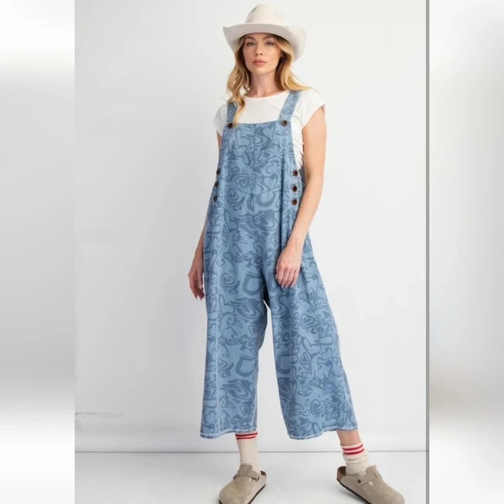 New Easel Heart Printed Denim Overalls Jumpsuit L